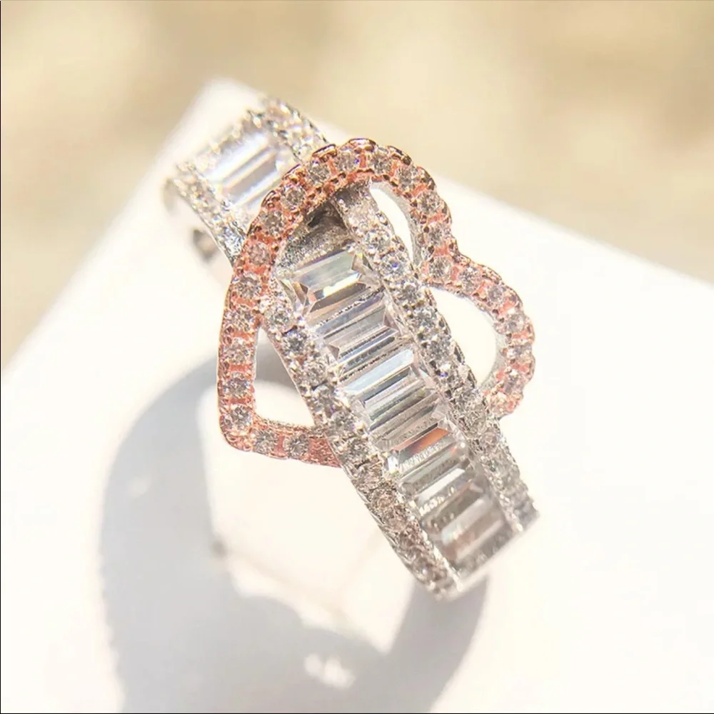 New Luxury 925 Silver 2 Tone Heart Engagement Ring - Picture 2 of 4